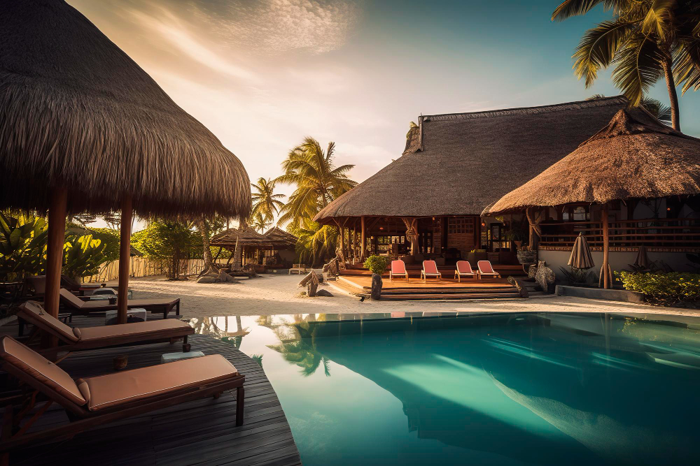 generative-ai-illustration-tropical-beach-resort-interior-with-colonial-furniture-swimming-pool